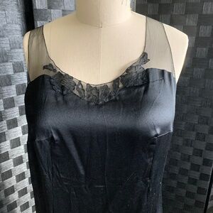 Black Silk long Slip Dress with scalloped hem and lace neck detail